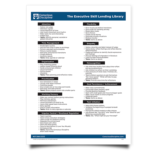 Conscious Discipline Executive Skill Lending Library. Attention. Time Management. Organization. Working Memory. Impulse Control / Emotional Regulation. Flexibility. Empathy. Metacognition. Goal Persistence / Achievement. Task Initiation.