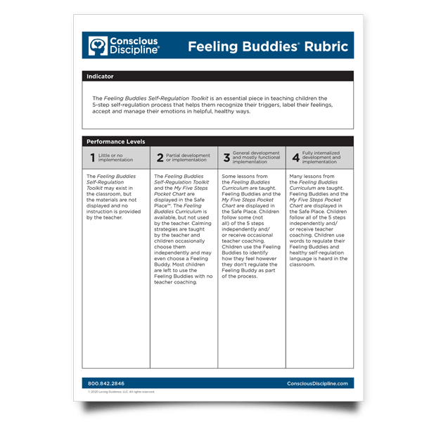 Conscious Discipline: Feeling Buddies Rubric. The Feeling Buddies Self-Regulation Toolkit is an essential piece in eaching children the 5-step self-regulation process that helps them recognize their triggers, label their feelings, accept and manage their emotions in helpful, healthy ways.